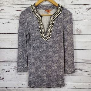 Tory Burch Navy & White Silk Printed Embellished Neck Shell Top, Size XS